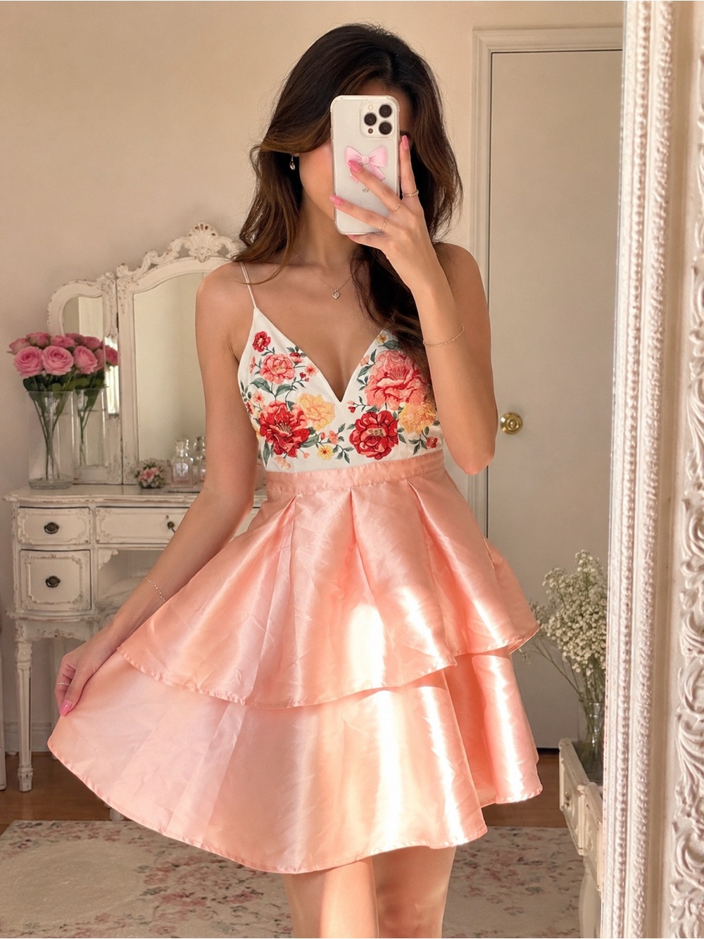 Pink Floral Embroidered Coquette Mini Dress Satin Fit & Flare M